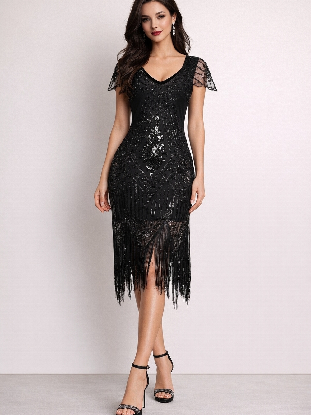 Black  1920s Vintage Gatsby  Sequin Fringe Cocktail Dress - Women